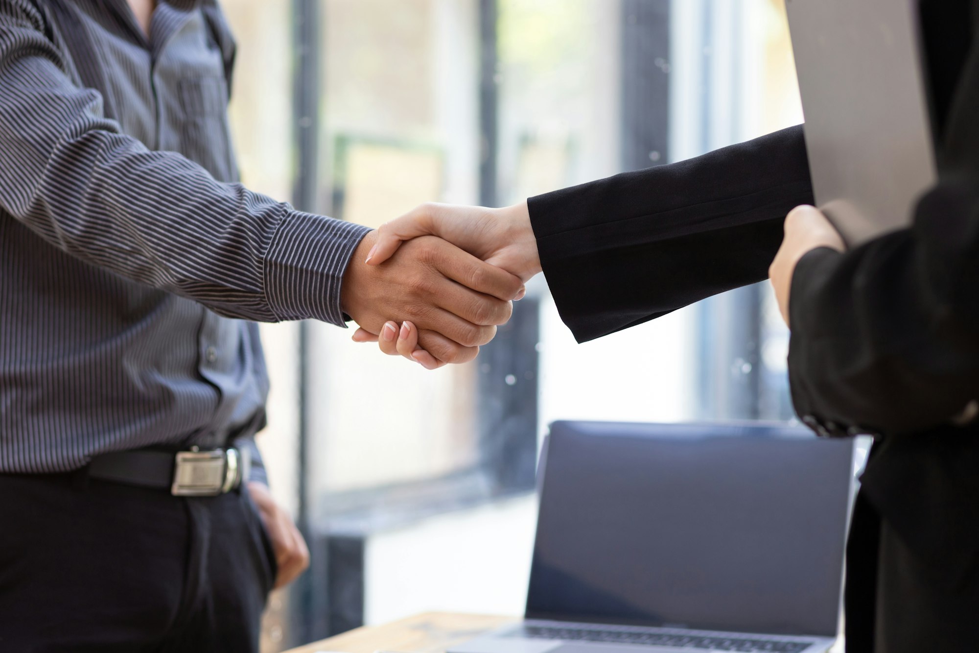 Handshake. Businessman shaking hands with coworker and agreeing business partnership.